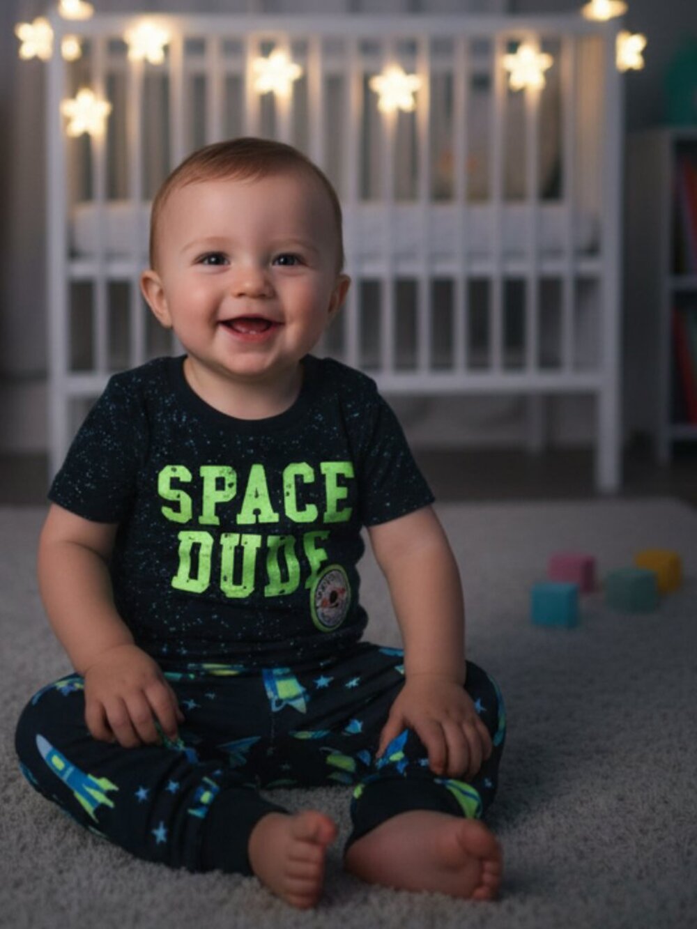 NWT Carter's Space Dude Pajamas 12M Glow In The Dark Galaxy Rocket Ship PJs